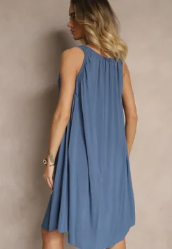 Niebieska Rozkloszowana Sukienka z Bawełny Ozdobiona Marszczeniem Anniloria