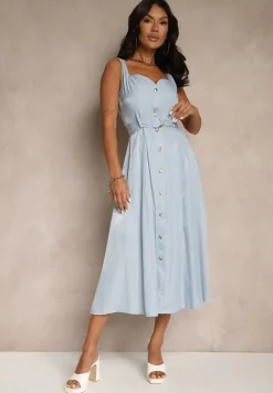 Niebieska Rozkloszowana Sukienka z Paskiem na Ramiączkach Nevio