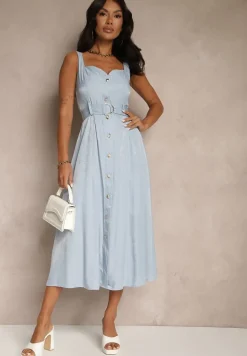 Niebieska Rozkloszowana Sukienka z Paskiem na Ramiączkach Nevio