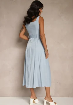 Niebieska Rozkloszowana Sukienka z Paskiem na Ramiączkach Nevio