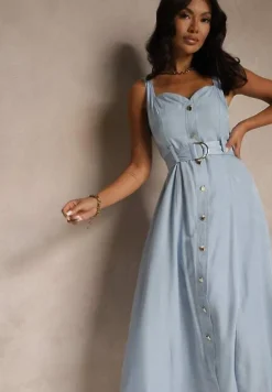 Niebieska Rozkloszowana Sukienka z Paskiem na Ramiączkach Nevio