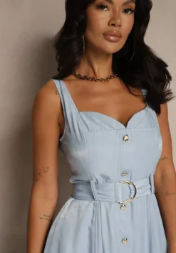 Niebieska Rozkloszowana Sukienka z Paskiem na Ramiączkach Nevio