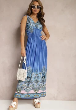 Niebieska Rozkloszowana Sukienka z Trójkątnym Dekoltem i Ściągaczami w Ramionach Aneapmia