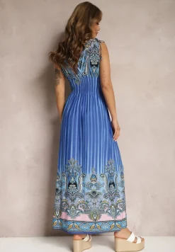 Niebieska Rozkloszowana Sukienka z Trójkątnym Dekoltem i Ściągaczami w Ramionach Aneapmia