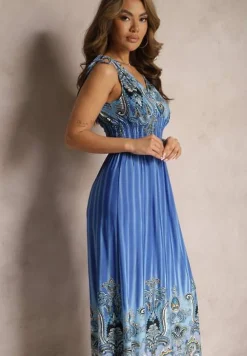 Niebieska Rozkloszowana Sukienka z Trójkątnym Dekoltem i Ściągaczami w Ramionach Aneapmia