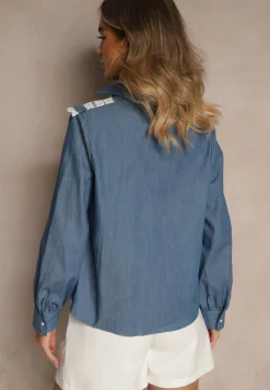 Niebieska Rustykalna Koszula z Bawełny Zdobiona Koronką i Falbankami Lisarilis