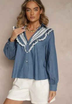 Niebieska Rustykalna Koszula z Bawełny Zdobiona Koronką i Falbankami Lisarilis