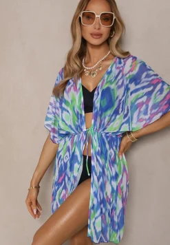 Niebieska Siateczkowa Narzutka z Abstrakcyjnym Motywem Ozdobiona Wiązaniem Revoreia