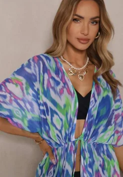 Niebieska Siateczkowa Narzutka z Abstrakcyjnym Motywem Ozdobiona Wiązaniem Revoreia