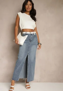 Niebieska Spódnica Jeansowa o Ołówkowym Kroju Zdobiona Rozcięciem Lisovira
