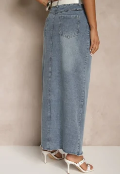 Niebieska Spódnica Jeansowa o Ołówkowym Kroju Zdobiona Rozcięciem Lisovira