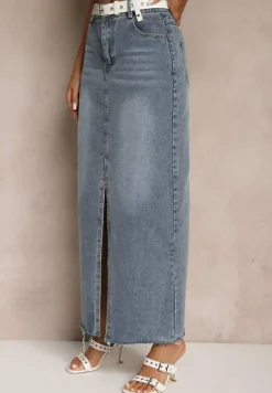 Niebieska Spódnica Jeansowa o Ołówkowym Kroju Zdobiona Rozcięciem Lisovira