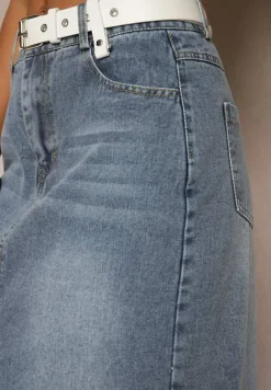 Niebieska Spódnica Jeansowa o Ołówkowym Kroju Zdobiona Rozcięciem Lisovira