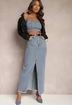 Niebieska Spódnica Jeansowa Maxi z Paskiem Mullese