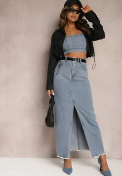 Niebieska Spódnica Jeansowa Maxi z Paskiem Mullese