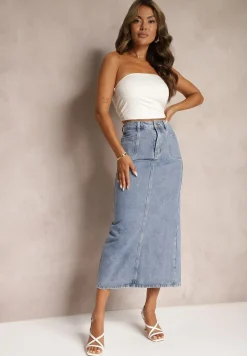 Niebieska Spódnica Jeansowa Midi z Wysokim Stanem Zakila