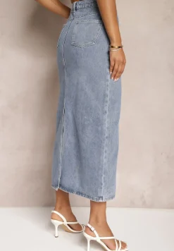 Niebieska Spódnica Jeansowa Midi z Wysokim Stanem Zakila