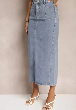Niebieska Spódnica Jeansowa Midi z Wysokim Stanem Zakila