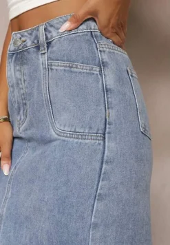 Niebieska Spódnica Jeansowa Midi z Wysokim Stanem Zakila