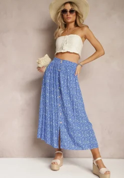 Niebieska Spódnica Maxi z Wiskozy w Kwiatowy Wzór o Rozkloszowanym Fasonie Skules