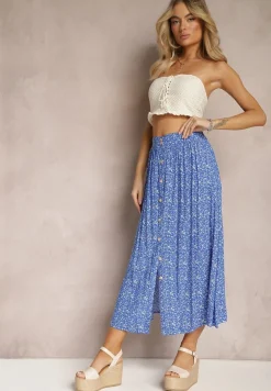 Niebieska Spódnica Maxi z Wiskozy w Kwiatowy Wzór o Rozkloszowanym Fasonie Skules