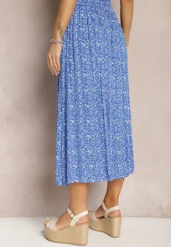 Niebieska Spódnica Maxi z Wiskozy w Kwiatowy Wzór o Rozkloszowanym Fasonie Skules