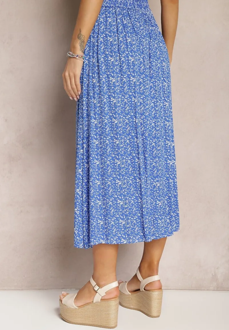 Niebieska Spódnica Maxi z Wiskozy w Kwiatowy Wzór o Rozkloszowanym Fasonie Skules