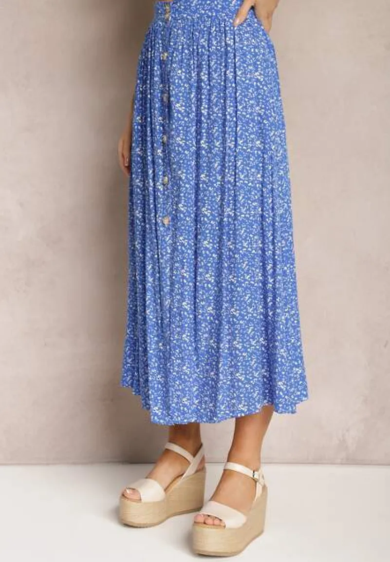 Niebieska Spódnica Maxi z Wiskozy w Kwiatowy Wzór o Rozkloszowanym Fasonie Skules