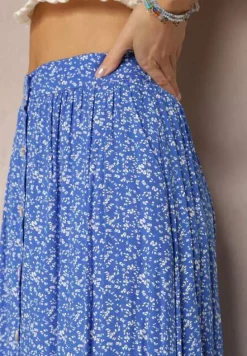 Niebieska Spódnica Maxi z Wiskozy w Kwiatowy Wzór o Rozkloszowanym Fasonie Skules