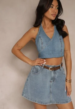 Niebieska Spódnica z Bawełny z Podszewką Szortów Ozdobiona Paskiem Inille