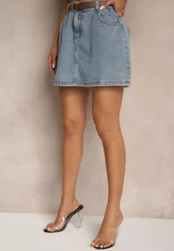 Niebieska Spódnica z Bawełny z Podszewką Szortów Ozdobiona Paskiem Inille