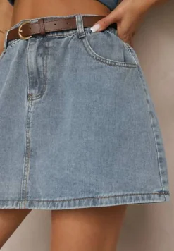 Niebieska Spódnica z Bawełny z Podszewką Szortów Ozdobiona Paskiem Inille