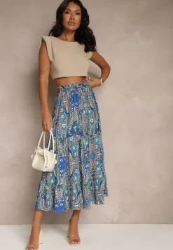 Niebieska Spódnica z Wiskozy Ozdobiona Motywem Paisley Ellivae