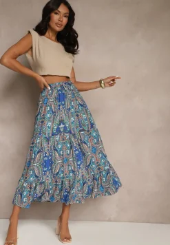 Niebieska Spódnica z Wiskozy Ozdobiona Motywem Paisley Ellivae