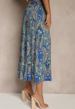 Niebieska Spódnica z Wiskozy Ozdobiona Motywem Paisley Ellivae
