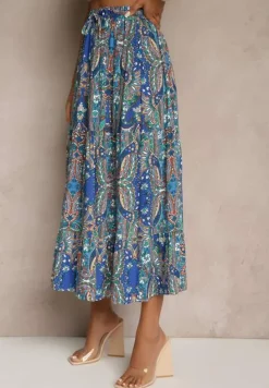 Niebieska Spódnica z Wiskozy Ozdobiona Motywem Paisley Ellivae