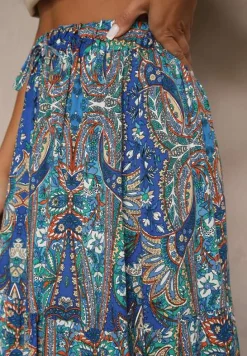 Niebieska Spódnica z Wiskozy Ozdobiona Motywem Paisley Ellivae