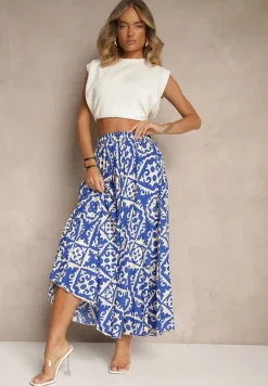 Niebieska Spódnica z Wiskozy z Geometrycznym Motywem Axeria
