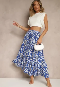 Niebieska Spódnica z Wiskozy z Geometrycznym Motywem Axeria