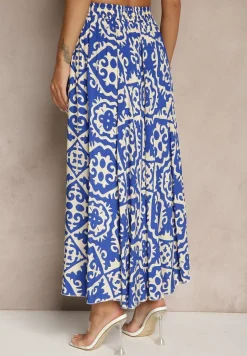 Niebieska Spódnica z Wiskozy z Geometrycznym Motywem Axeria