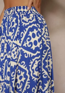 Niebieska Spódnica z Wiskozy z Geometrycznym Motywem Axeria