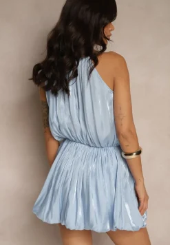 Niebieska Sukienka Bez Rękawów o Bufiastym Fasonie z Kwiatowym Zdobieniem Salurenia