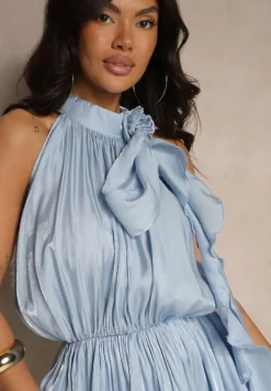 Niebieska Sukienka Bez Rękawów o Bufiastym Fasonie z Kwiatowym Zdobieniem Salurenia