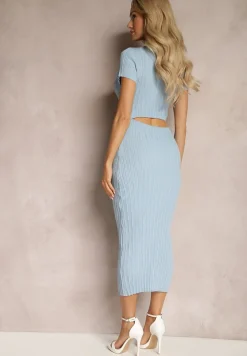 Niebieska Sukienka Bodycon z Kwadratowym Dekoltem i Ozdobnym Wycięciem na Plecach Scriptos