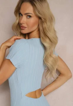 Niebieska Sukienka Bodycon z Kwadratowym Dekoltem i Ozdobnym Wycięciem na Plecach Scriptos