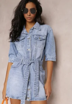 Niebieska Sukienka Koszulowa z Jeansu z Paskiem i Guzikami Avaleen