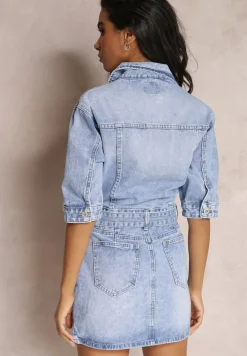 Niebieska Sukienka Koszulowa z Jeansu z Paskiem i Guzikami Avaleen