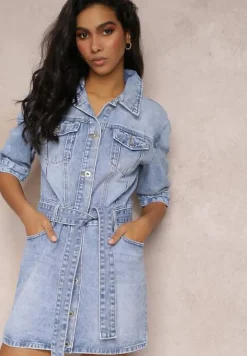 Niebieska Sukienka Koszulowa z Jeansu z Paskiem i Guzikami Avaleen