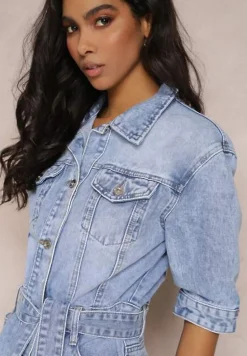 Niebieska Sukienka Koszulowa z Jeansu z Paskiem i Guzikami Avaleen