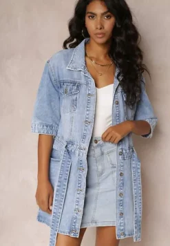 Niebieska Sukienka Koszulowa z Jeansu z Paskiem i Guzikami Avaleen